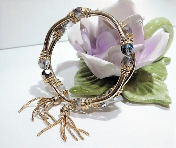 Wrap Coil Bracelet Tassels Mid Century 1960s 60s Stretch Expansion Aurora Borealis AB Crystal Rhinestone Bracelet