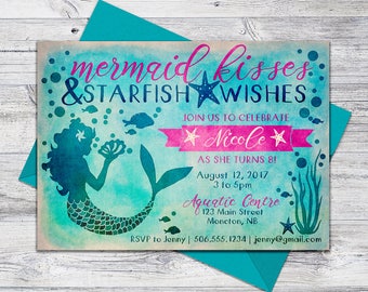 Printable Mermaid Invitation Birthday, Beach Party Invite, Mermaid Wishes, 5x7 Digital File