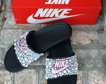 Bling Nike Slide Shoes - Bedazzled Slippers - Custom Nike Slides - Nike Slides with Pearls- Embellished Nike Shoes - Bling Slip ons - Pink