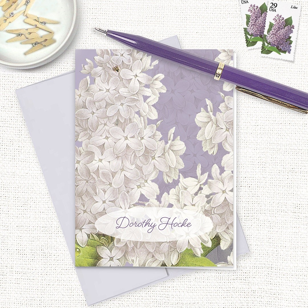 personalized stationery set - GRANDMA'S LILACS in PURPLE - set of 8 folded note cards - custom stationary - floral - flower cards