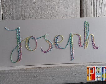 Personnalised name embroidery kit - unique design, any name you choose, pre-punched card lacing craft with hand-dyed silk thread