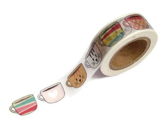 Cute Coffee Cups Tea Cups FacesWashi Tape Decor Masking Tape 10m