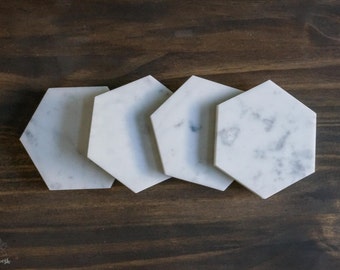 4" Carrara white marble hexagon coasters. Set of 4 white marble coasters. natural marble. home decor wedding decor housewarming