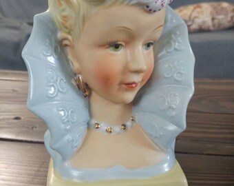 Ucagco Elizabethan Lady Head Vase with Blue Collar