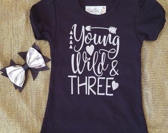 Young, Wild, and Three Puff Sleeve Shirt with Matching Bow - Silver Glitter Vinyl on Black Material
