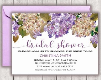 Floral Bridal Shower Invitation Purple Bridal Shower Invite, Bridal Shower Invitation, Hydrangea, Watercolor Bridal Shower Invitation, Boho