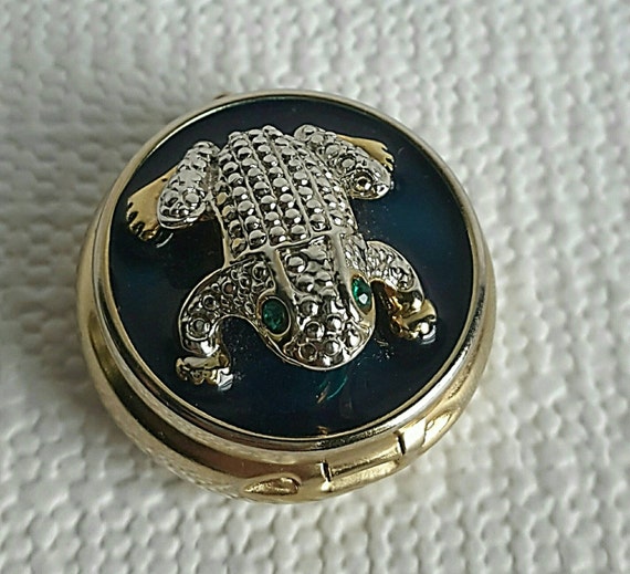 Vintage Elegant Pill Box or Trinket Box Green Eyed Rhinestone