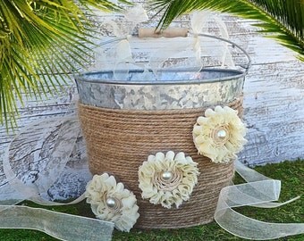 Wedding Flower Girl Basket, Rustic Wedding, Burlap Ribbon, Ivory Flowers, Wedding Basket ,Country Wedding