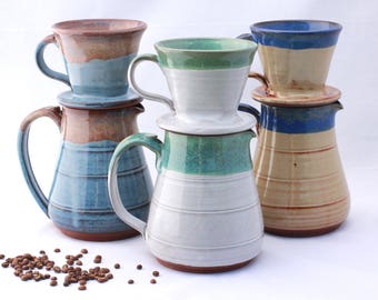 Drip Coffee Brewing Pitcher; pottery, coffee pour over, pitcher, coffee dripper, coffee cone, coffee brewer, ceramic, handmade, wheel thrown