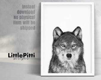 Wolf print, forest animals, nursery animal print, black and white wolf, grey print, grey wolf, downloadable print, baby wolf print, wolf art