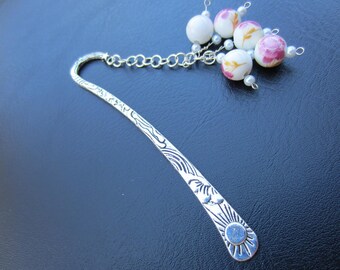 Handmade Silver and White Craved Bookmark With White & Pink Flower Hand Painted Ceramic Beads - FREE SHIPPING in U.S.