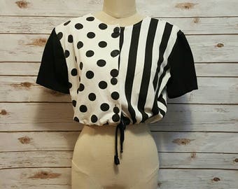 Vintage, 1980's, Black & white oversized striped/ polka dot "crop top"/ medium/ large