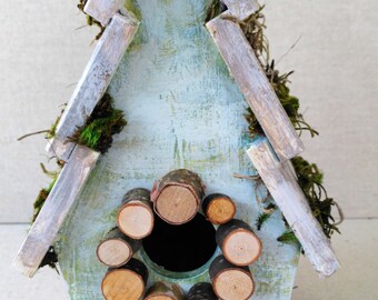 Cottage Bird House, Rustic Distressed Bird House Decor, Fall Decorations, Bird Lover's Gift, Birds Moss and Paper Flowers