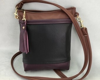 Italian Leather crossbody shoulder bag purse black eggplant brown modern classic pockets tassel wear with anything Pat Halpen Leather