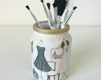 Makeup brush holder, decorative jars, decoupaged jars, bedroom decor, dressing table decor, boudoir, beauty storage, gifts for women.