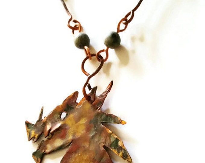 Copper Dragon Head Pendant Necklace, Blackstone and Copper Necklace, Dragon Necklace