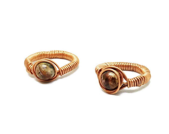 Leopardskin Jasper Gemstone Copper Ring, Copper Wire Wrapped Gemstone Ring, Unique Jasper Ring