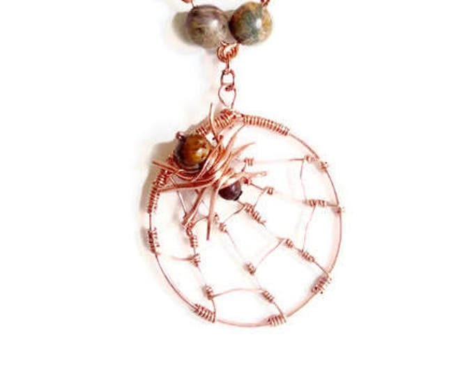 Copper and Gemstone Spiderweb Pendant, Leopardskin Jasper Gemstones, Gemstone Necklace, Unique Birthday Gift, Gift for Her, Copper Necklace