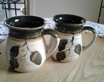 Pair Stoneware Brown Glazed Coffee Mugs with gumnut design - Vintage