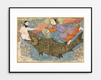 Jonah and the Whale Print - Islamic Art - Persian Art - Iran - Iranian - Gilcee Print - Whale Art - 15th Century - Wall Art - Home Decor
