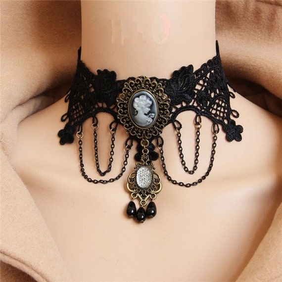 Vintage antique necklace. Chalker. Victorian era. Lace choker. Steampunk accessory. Gothic necklace. Lace. Stones. Necklace, with pendant. by USSRVintageShopUSSR steampunk buy now online