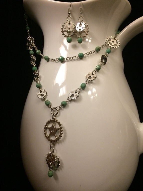 Seafoam Steampunk Earrings and Necklace by TracidiPalma steampunk buy now online