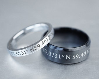 Custom Coordinate Rings For Couples, Matching Couple Rings, Latitude Longitude, Location Ring, Skinny Silver Ring-His and Her Rings Set of 2