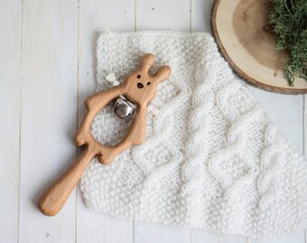 Rattle with Bell. Organic Wooden Teething Toy. Hare Rattle. Natural Wooden Toy. Eco Friendly Infant Toy. Newborn gift.
