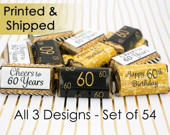 60th Birthday Party Decorations - Gold & Black - Party Favor Stickers for Hershey's Miniature Bars (Set of 54)