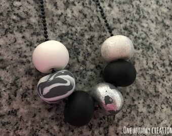 Handmade Polymer Clay Bead Necklace - White, Dark Grey, Black and White Speckles with glitter
