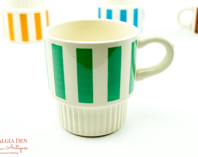 Retro Stackable Mugs | MCM Striped Set Of 4 | Retro Kitchen Decor