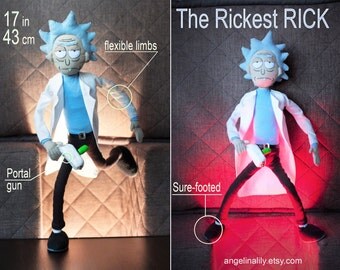Rick and Morty inspired Rick Sanchez Fan Art - plush, posable handmade doll , holding a portal gun (you choose), 17 in high