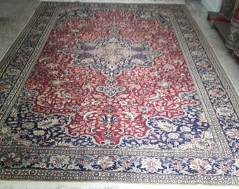 Turkish handmade floor carpet rug, Vintage nomade red and blue Oushak wool rug, Turkish tradational homedecor area rug, 300X192cm,10.x6.3ft