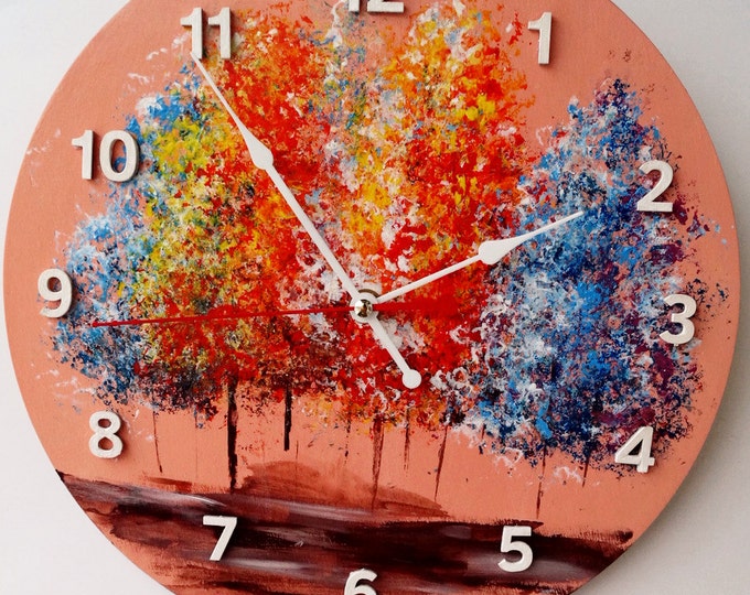 Trees acrylic wooden wall clock - Acrylic painting wall decor - Unique Wall Clocks - Multicolor wall decor - gift idea - Christmas gift