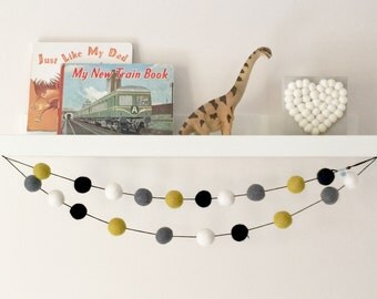Nursery Garland, Grey Nursery Decor, Boys Room Garland, Pom Pom Garland, Dinosaur Decor, Nordic Nursery, Playroom Wall Decor, Felt Bunting