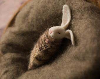 New born baby photo prop, photo prop, The Woolly Cradle, needle felted rabbit, sleeping rabbit, podling, ooak, Woolly Felters, Judy Balchin