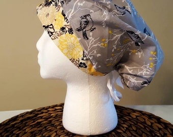 Grey Birds Bouffant/Ponytail Scrub Hat with Yellow Band and White Ribbon