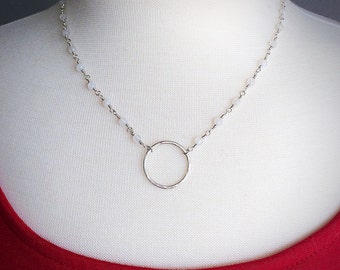 Rainbow Moonstone Circle Pendant Necklace - Sterling Silver - Moonstone Necklace - Hammered Necklace