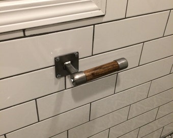 Metal + Oak Toilet Paper Holder - Made To Order - Brushed Steel + Blackened Patina Finish.