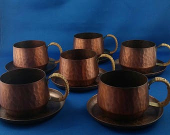 Set of 6 Small Vintage hammered Handled Cups & Saucers - 100% Solid Copper