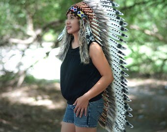 Native American Clothing ,War Bonnet, Indian Headdress with Black Dot, Unique Costume Feather, Chief Headdress