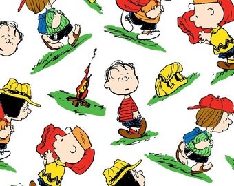 Snoopy Fabric,Camping Fabric: Peanut Snoopy Camp on White- Charlie Brown, Patty, Marcy, Linus 100% cotton fabric by the yard 36"x44" (QT24)