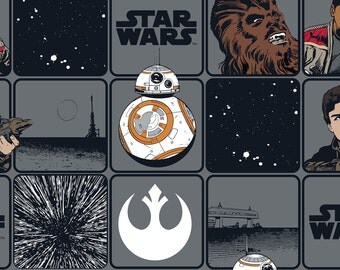 Star Wars Fabric: Star Wars The Force Awakens- Heroes In Squares- Rey, Chewie, BB8, Rebel sign 100% cotton fabric by the yard 36"x44" (C403)