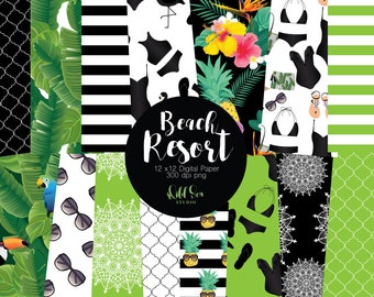 Black and Green Resort fashion 12 x 12 Digital papers, tropical, strips, bikini, swim suit,