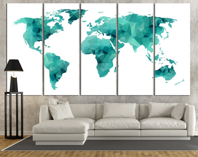 Large Geometric Aquamarine World Map Panels Poster, Polygonal Map, Abstract Wall Art / 1,3,4 or 5 Panels on Canvas Wall Art for Home Decor