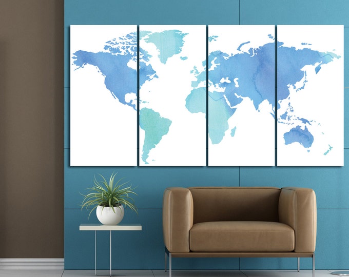 Buy blue watercolor map of the world canvas print, huge blue watercolor world map canvas, watercolor blue canvas map, aqua world map canvas