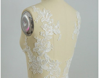 2 PC mirror Wedding dress appliqué, Large lace Applique, Flower appliqué, large Lace Flower, Illusion Back Lace, Lace patch, (CLA08251)