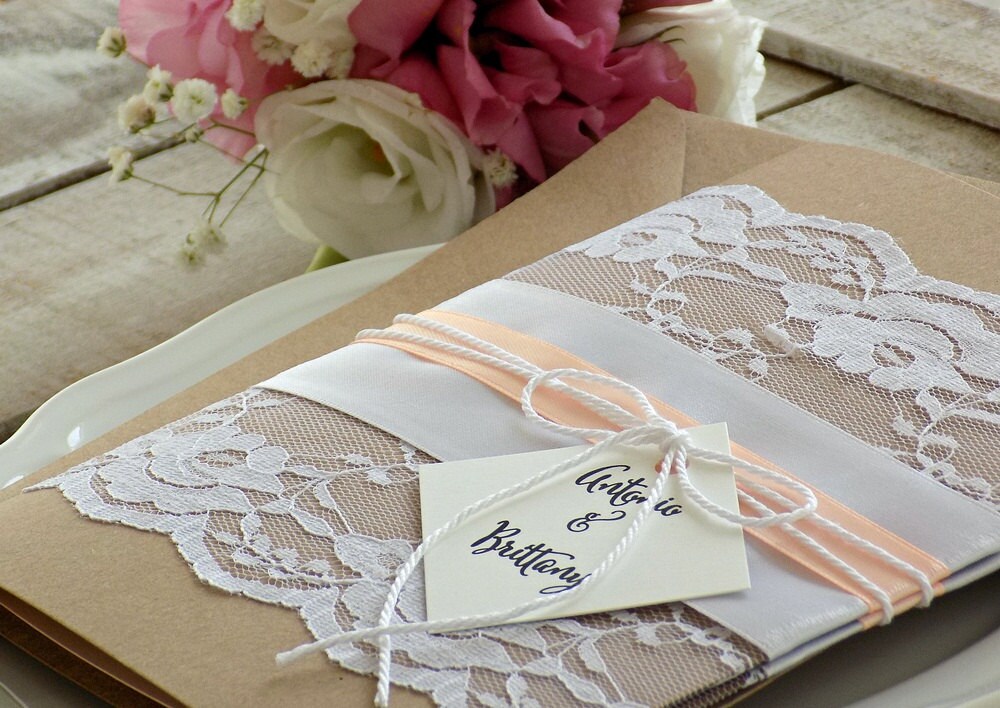 Rustic Wedding Invitation Suite Printed Set Lace Peach Elegant Assembled Rustic Wedding Invitation Suite Printed Set Lace Peach Elegant Assembled