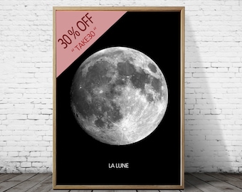 Full Moon Poster - PRINTABLE FILE. La Luna Moon Poster. Lunar Moon Print. Vintage Luna Print. Solar System Art. Celestial Dorm Room Art.