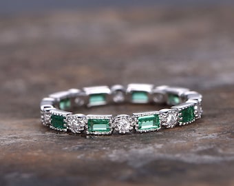 Emerald wedding ring,FULL eternity ring,925 sterling silver band,anniversary ring,stacking matching band,white gold plated,milgrain set